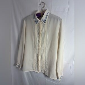 VTG Ivory Embroidered Beaded Cottagecore Long Sleeve Button Up Blouse Size L